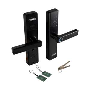 Cerradura inteligente ELITE para puertas de hasta 8cm de ancho. 5 métodos de apertura: huella, aplicación (wifi), tarjeta, contraseña y llave.